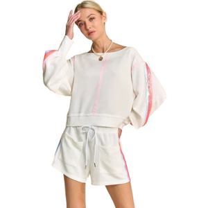 White Sweatshirt and Shorts Set with Colorful Stripes